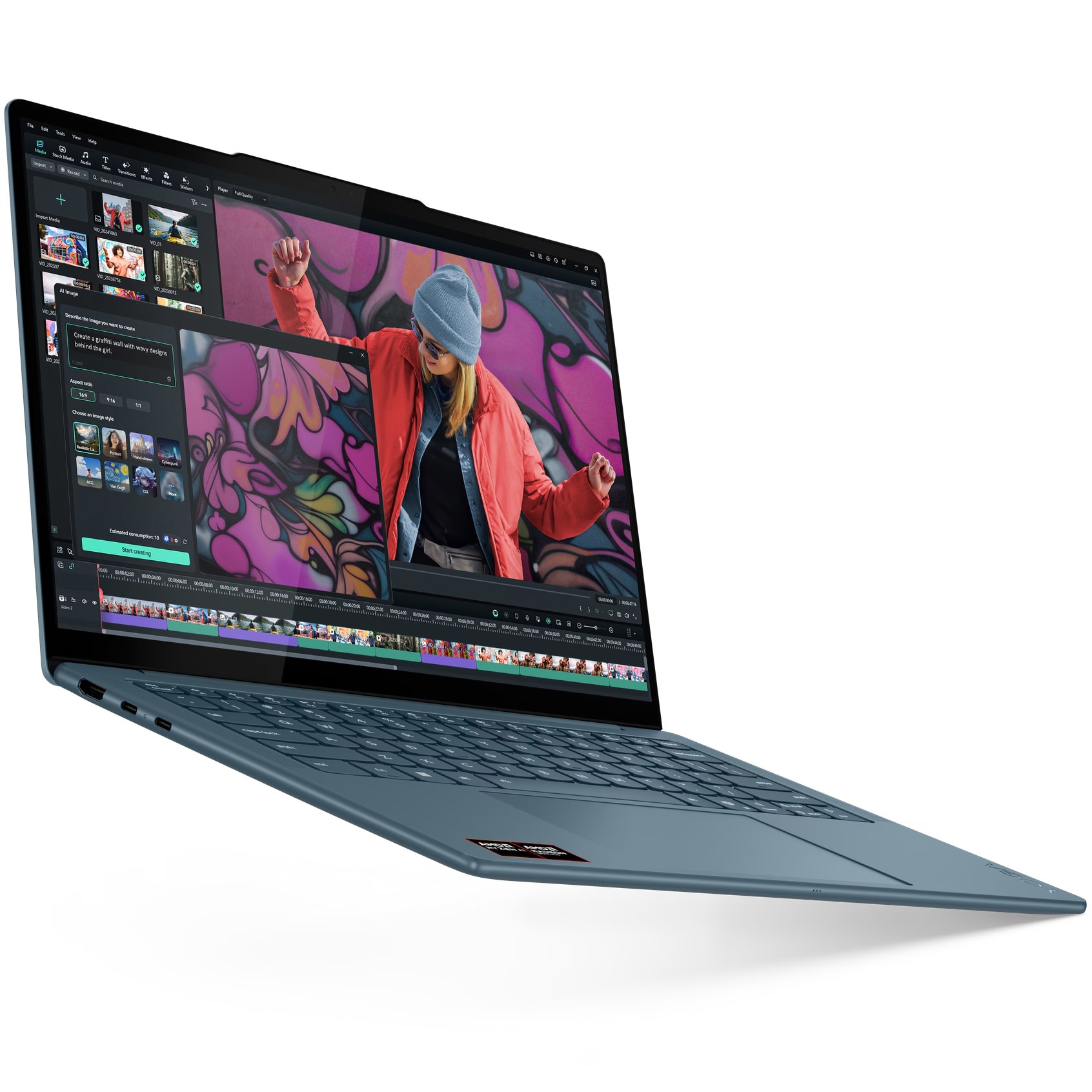 Laptop Lenovo Yoga Slim 7 14AKP10 cu procesor AMD Ryzen™ AI 5 340 pana la 4.8GHz, 14" 2.8K, WQXGA+, OLED, 120Hz, 16GB LPDDR5x RAM, 1TB SSD, AMD Radeon™ 840M Graphics, No OS, Tidal Teal, 3y on-site Premium Care
