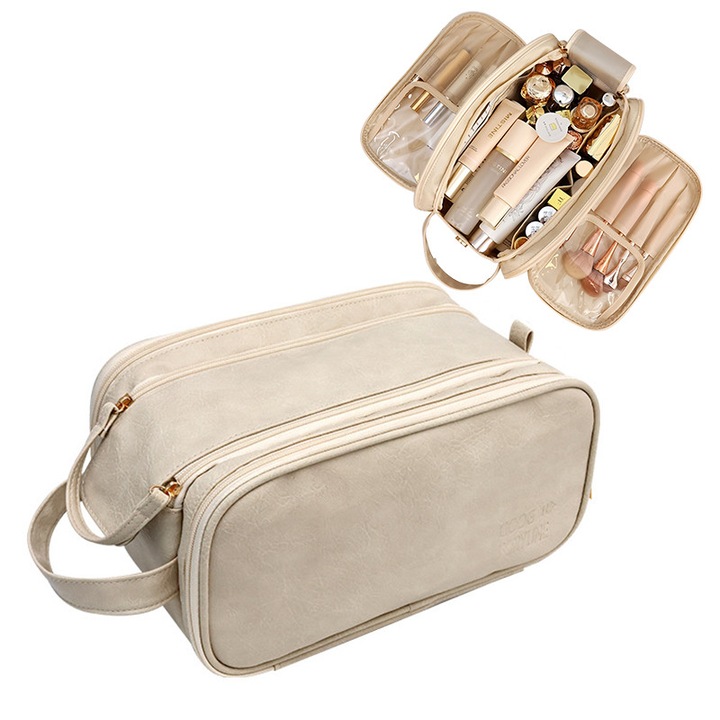 Geanta mare capacitate cosmetice voiaj, piele, capacitate mare, Metal Fermoar, Deschidebil, Organizator pentru cosmetice si bijuterii, 28x14.5x17cm, Alb