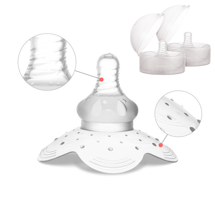 Set 2 protectii pentru mamelon TREXORA, silicon medical, transparent, design ergonomic, include cutie de depozitare