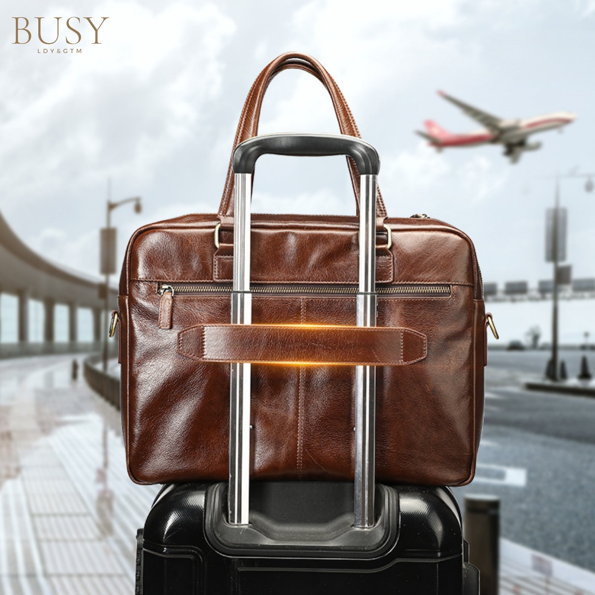 Geanta din piele laptop 15', BUSY LDY & GTM® Fortress, capacitate mare documente, sistem prindere troler, maro cafea