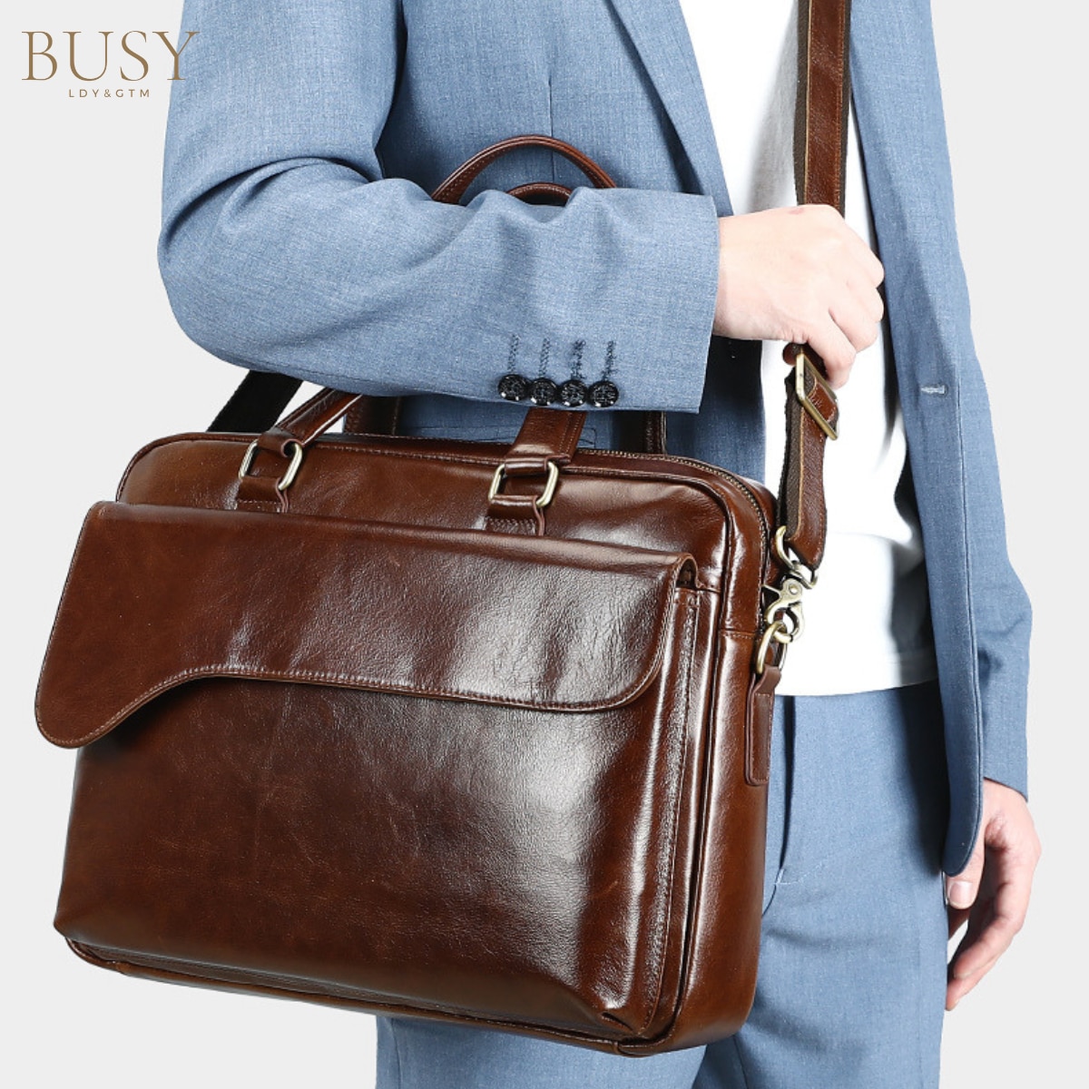 Geanta din piele laptop 15', BUSY LDY & GTM® Fortress, capacitate mare documente, sistem prindere troler, maro cafea