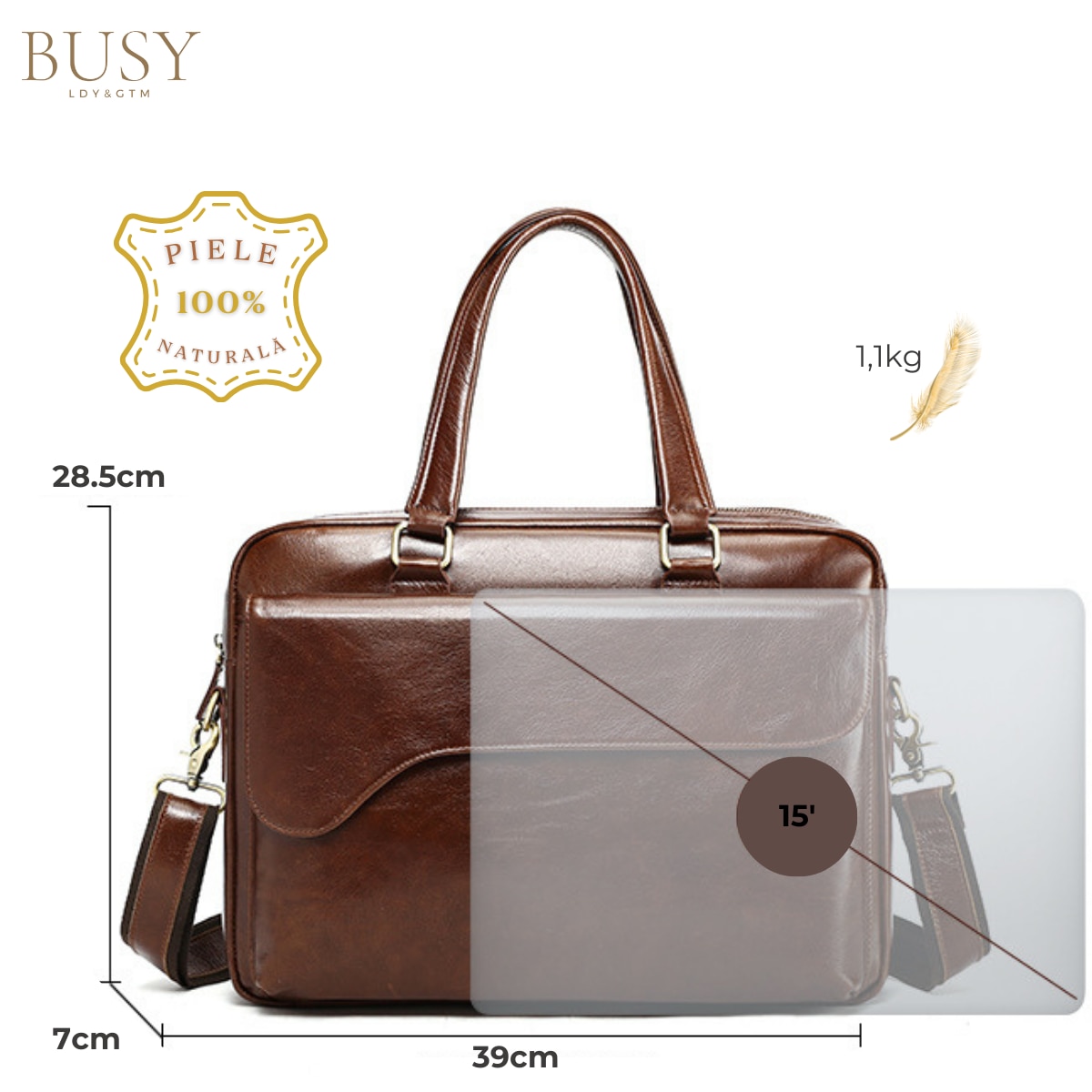 Geanta din piele laptop 15', BUSY LDY & GTM® Fortress, capacitate mare documente, sistem prindere troler, maro cafea
