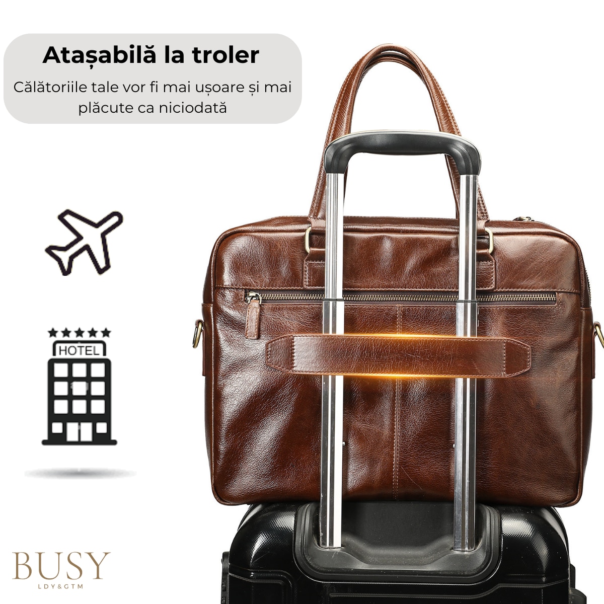 Geanta din piele laptop 15', BUSY LDY & GTM® Fortress, capacitate mare documente, sistem prindere troler, maro cafea