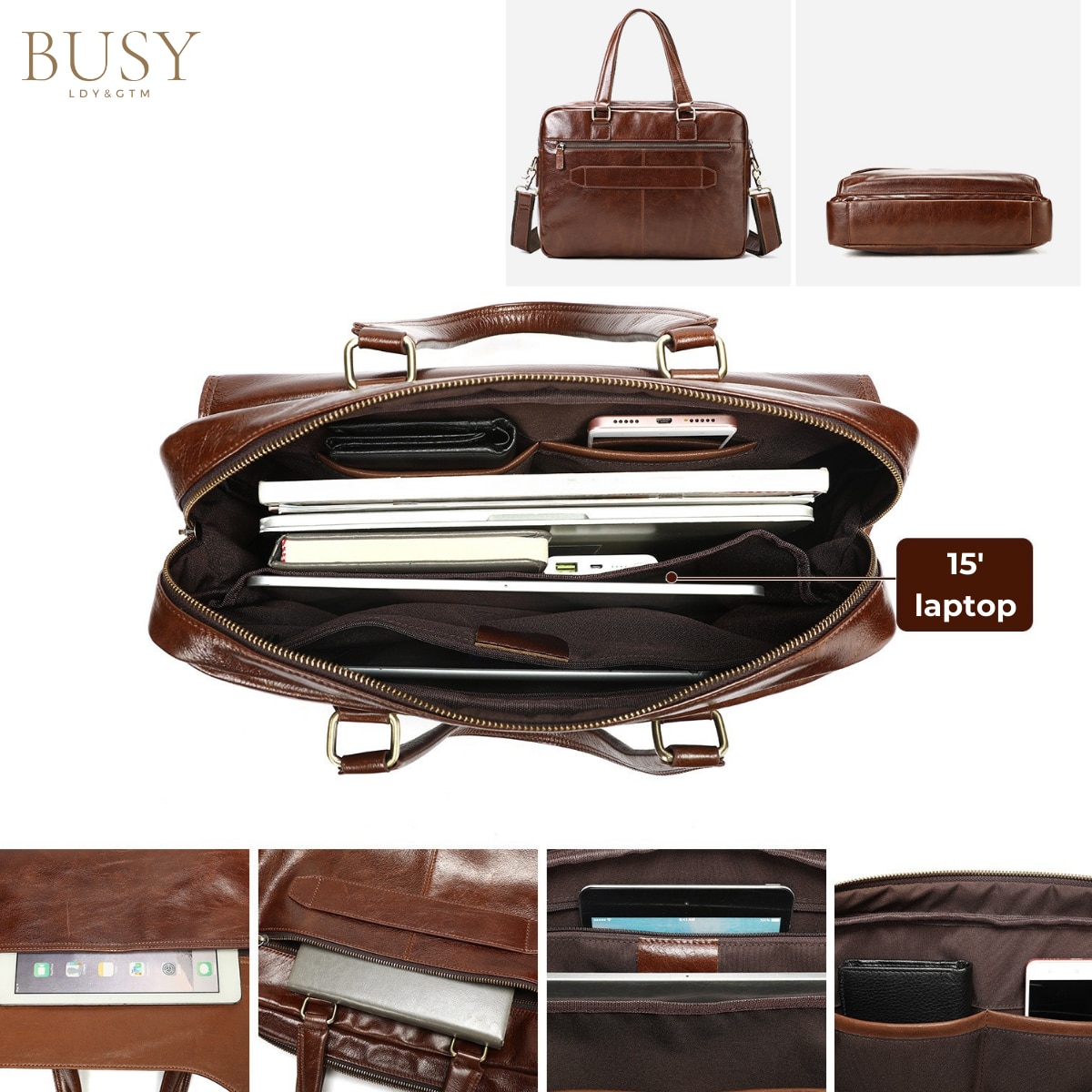 Geanta din piele laptop 15', BUSY LDY & GTM® Fortress, capacitate mare documente, sistem prindere troler, maro cafea