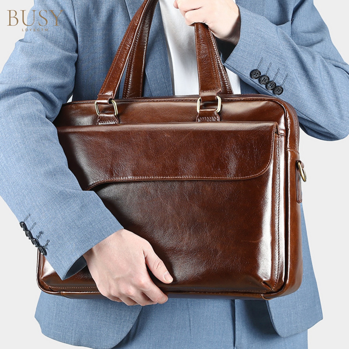 Geanta din piele laptop 15', BUSY LDY & GTM® Fortress, capacitate mare documente, sistem prindere troler, maro cafea
