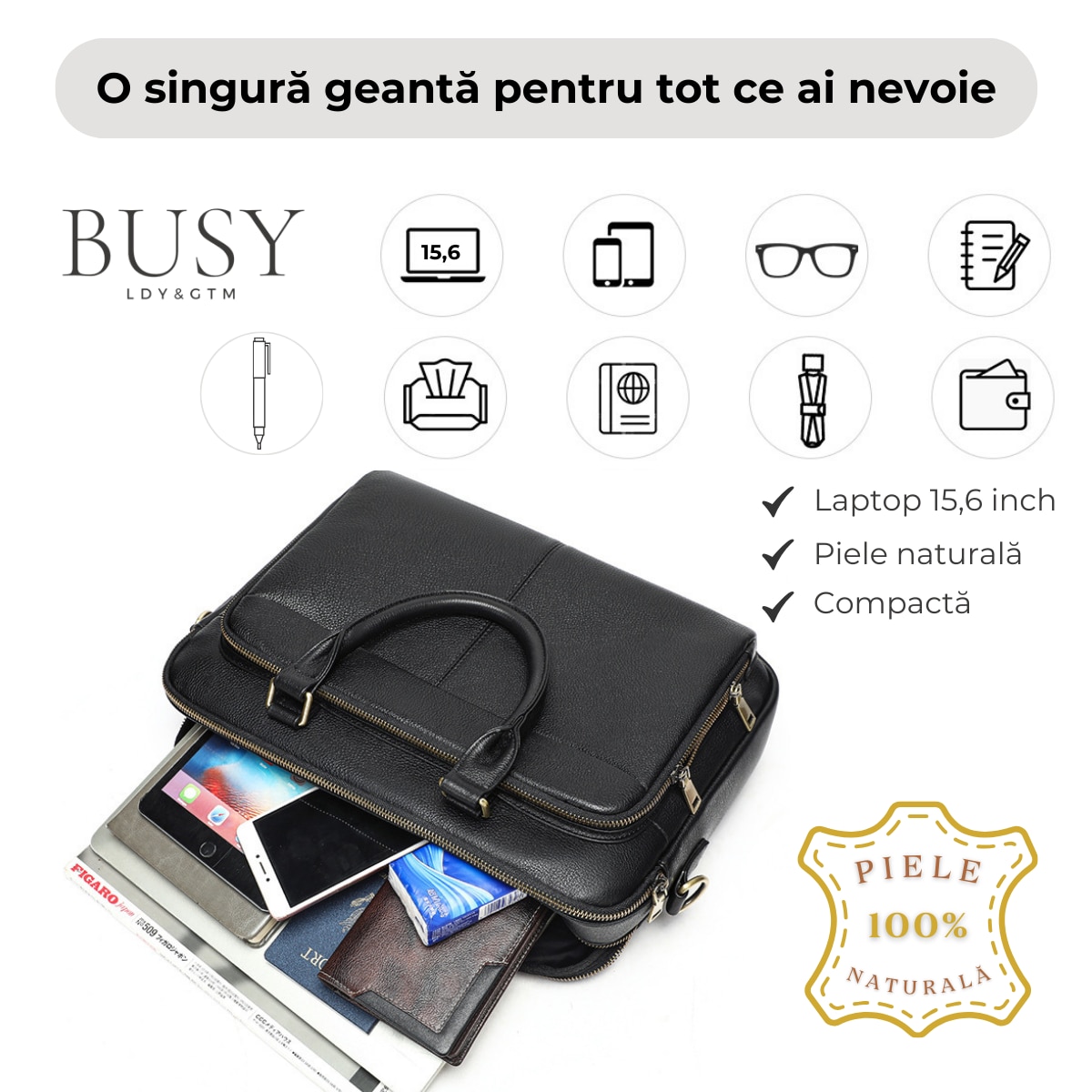 Servieta Laptop 15.6 Inch, BUSY LDY & GTM® Prestige, din Piele Naturala, Design Business