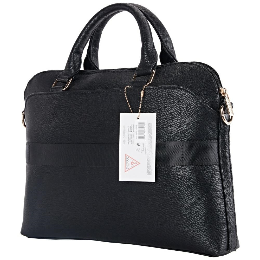 Geanta Guess Grained Zipper Pocket Triangle Logo compatibila cu laptop 15 inch, Negru