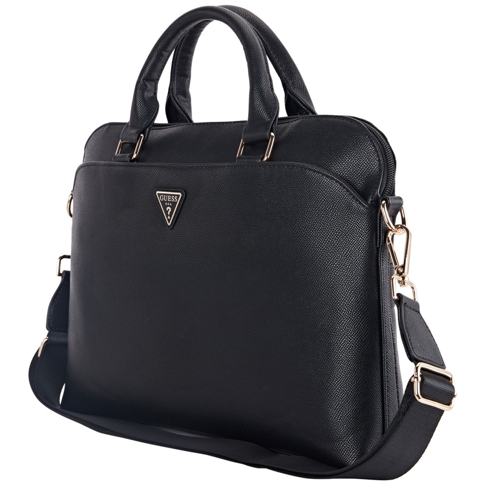 Geanta Guess Grained Zipper Pocket Triangle Logo compatibila cu laptop 15 inch, Negru