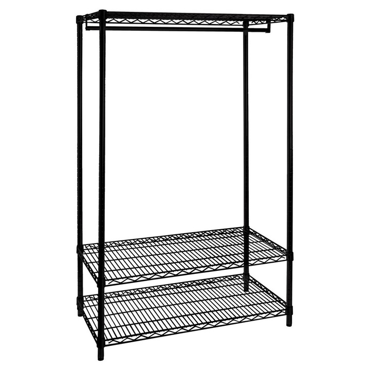 Рафт с 2 рафта с черна хромирана поставка за дрехи 90x45x180 см