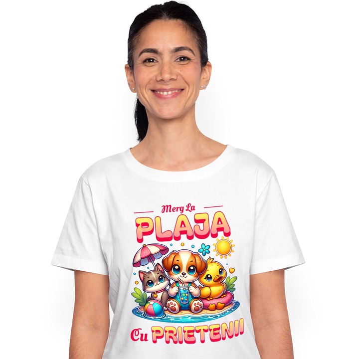 Tricou Femei cu Caine Pisica Si Ratusca Cu Colac Pe Plaja Cu Prietenii, Relaxare Vacanta cu imprimeu pe Fata, 100% Bumbac, Alb, XS