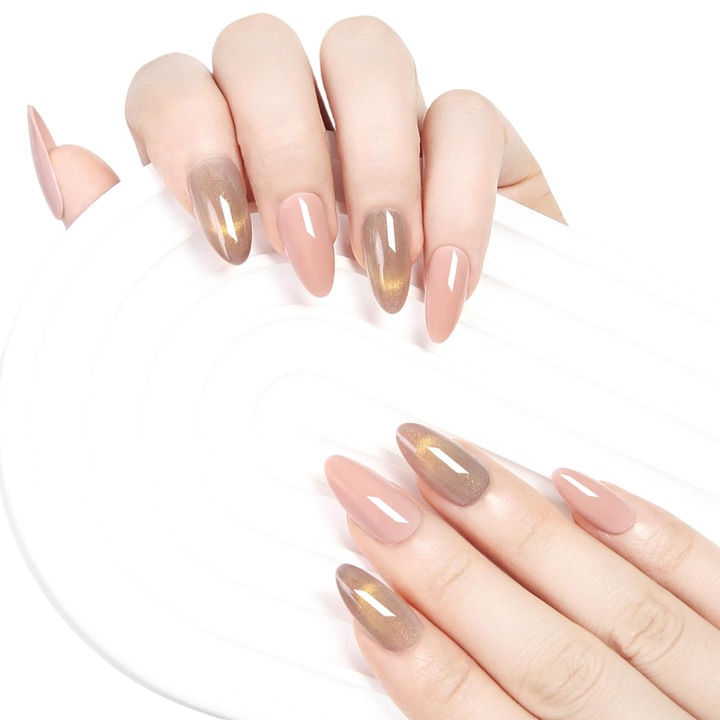 Set unghii false tip „Press on” cu 24 de bucati in 12 marimi, unghii false elegante, cu forma ovala pentru femei, model French tip „Cat Eye” cu adeziv, culoare Latte