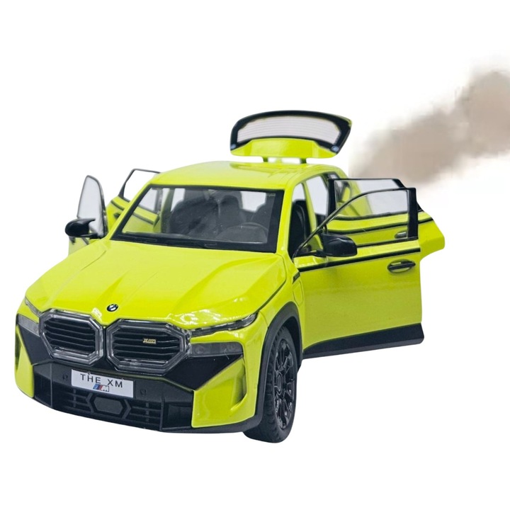 Кола BMW XM с димни ефекти, звуци и светлини, движещи се врати, функция за издърпване назад, включени батерии, 21 см, метална, неоново зелено