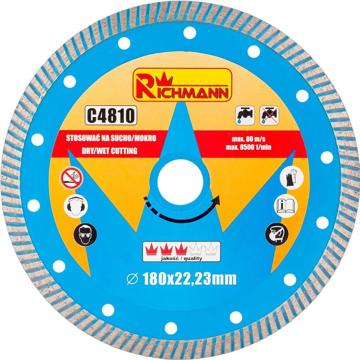 Диамантен диск Richmann, Турбо, За бетон, Мокро и сухо рязане, 180 мм / 22,23 мм
