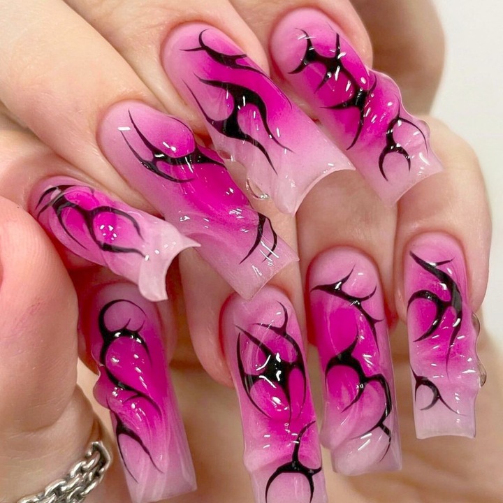 Unghii false lungi cu aplicare prin presare, model patrat 3D, roz intens, unghii ombre, unghii cu dungi, aplicare cu lipici, pentru femei