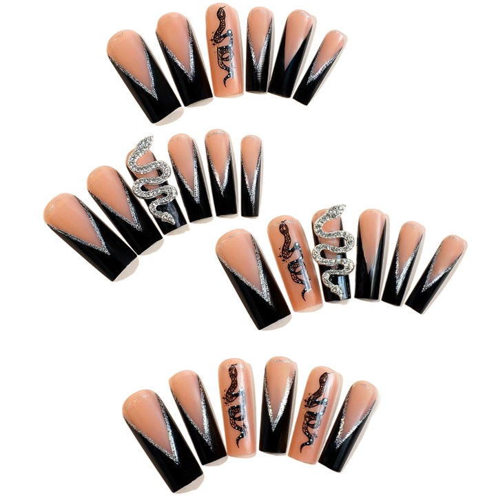 Unghii false tip „Press On” cu varf patrat lung, model frantuzesc negru, decor cu charm-uri sarpe, 24 de bucati