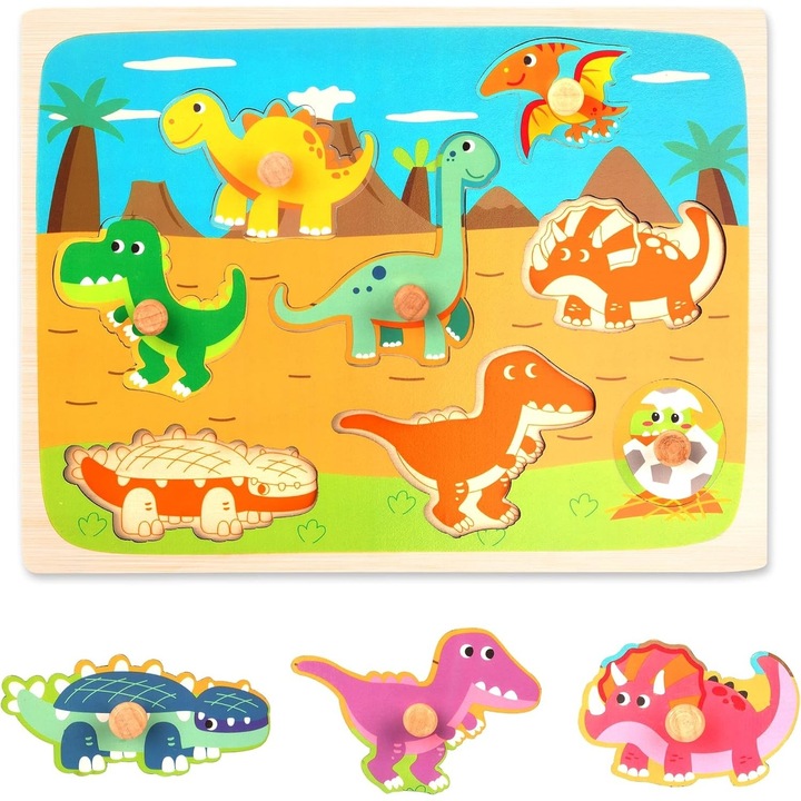 Montessori fa puzzle gyerekeknek, 3D, 0-3 éves korig, dinoszaurusz modell, oktató, intuitív, kreatív, 8 darab, 30x22,5x0,8 cm, többszínű
