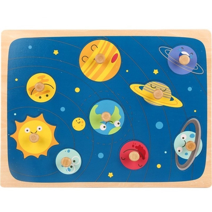 Montessori fa puzzle gyerekeknek, 3D, 0-3 éves korig, naprendszer modell, oktató, intuitív, kreatív, 9 db, 30x22,5x0,8 cm, többszínű