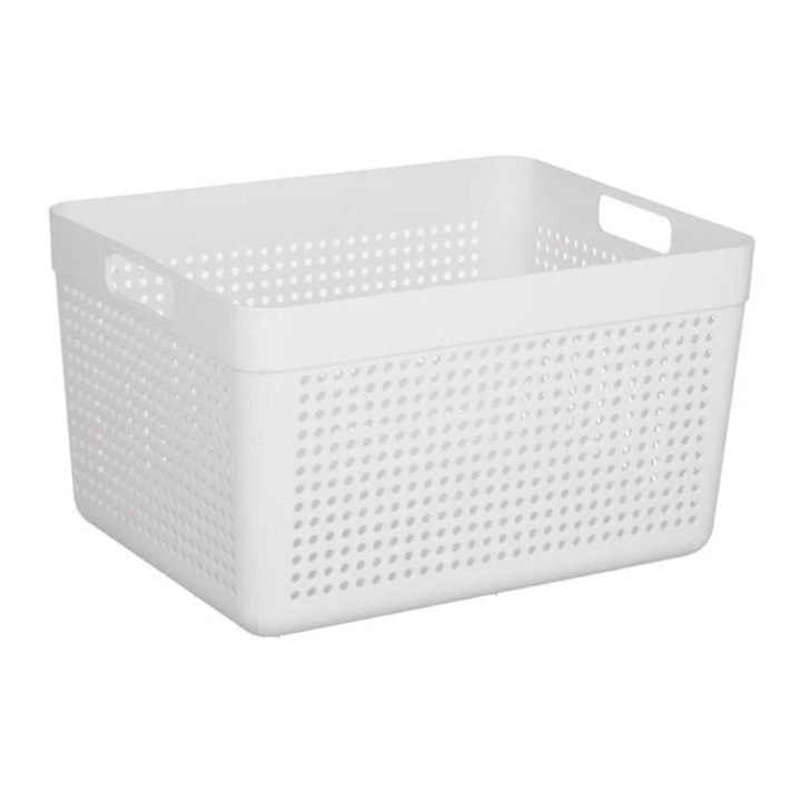 Cos de depozitare, perforata cu manere, plastic, alb, 14L, 33.5x25x19cm