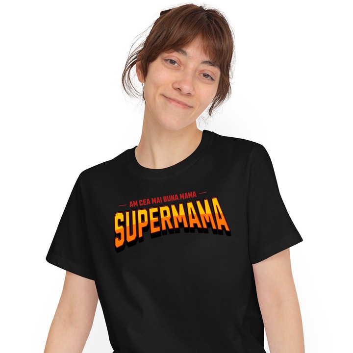 Tricou Femei cu Design Stil Super Erou Mama Familie Copii Dragoste cu imprimeu pe Fata, 100% Bumbac, Negru, S