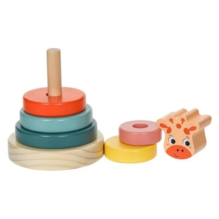 Piramida Educativa din Lemn, cu 5 Inele, model Girafa, 10x14 cm
