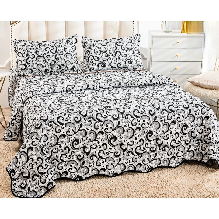 Set Cuvertura Matlasata si 2 Fete de perna CHIRASO, din Microfibra, pentru 2 persoane, 3 piese, Cuvertura 220 x 240 cm, 2 fete de perna 52 x 72 cm, cu model abstract, gri deschis-negru