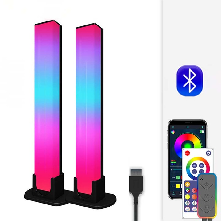 Комплект от 2 LED лампи, фон за десктоп на компютър, RGB светлина, Bluetooth връзка, управление с приложение, сензор за движение, 35×2 LED диода, подходящи за геймъри, спални и хол, LED светлина за телевизор и спалня