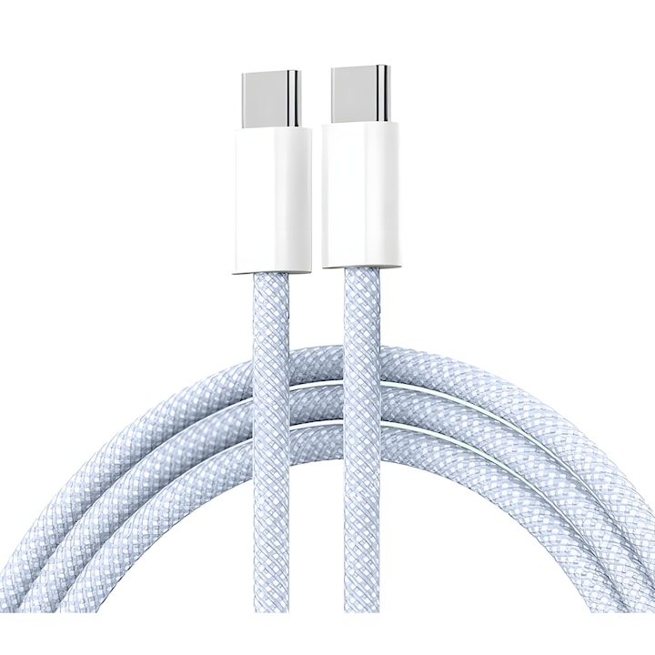Cablu de incarcare Compatibil cu iPhone si MacBook, 60W, Type-C la Type-C, Impletit, Nylon Rezistent, 1m, Albastru