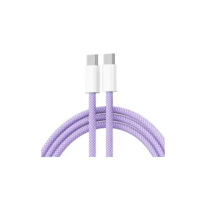 Кабел за зареждане, съвместим с iPhone и MacBook, 60W, Type-C към Type-C, оплетен, издръжлив найлон, 1 м, лилав