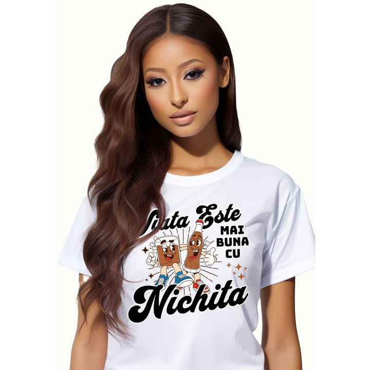 Tricou Femei cu Pahar De Cola Si Sticla DE Cola Cei Mai Buni Prieteni cu imprimeu pe Fata, 100% Bumbac, Alb, L
