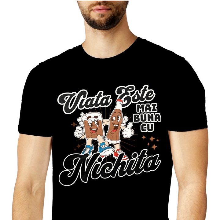 Tricou Barbati cu Pahar De Cola Si Sticla DE Cola Cei Mai Buni Prieteni cu imprimeu pe Fata, 100% Bumbac, Negru, XS