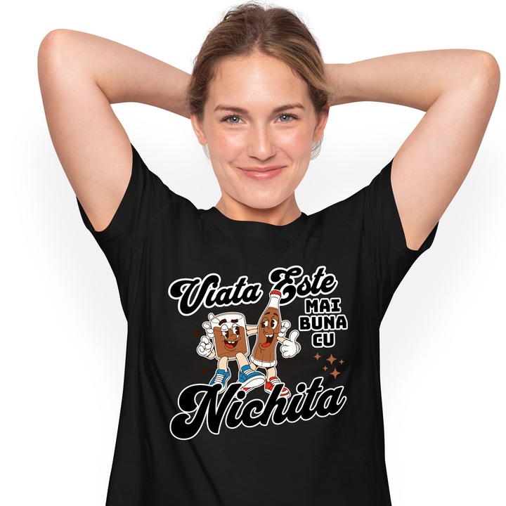 Tricou Femei cu Pahar De Cola Si Sticla DE Cola Cei Mai Buni Prieteni cu imprimeu pe Fata, 100% Bumbac, Negru, XL