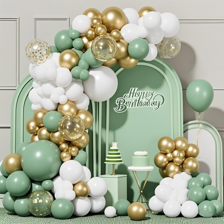 Set De 101 Bucati De Arc Cu Baloane De Nisip, Auriu, Verde, Bej, Aur Metalic, Set De Ghirlande De Baloane Cu Lant De Baloane Si Panglica Pentru Ziua De Nastere, Nunta, Baby Shower, Dus De Mireasa, Decorare Pentru Petrecerea Burlacilor