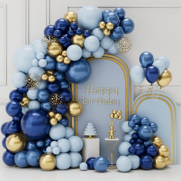 Set De 104 Bucati De Ghirlande De Baloane De Aur Albastru, Set De Arc De Balon De Aur Albastru Alb Cu Puncte Lipici Si Lant De Baloane, Potrivit Pentru Petrecerea De Ziua De Nastere, Baby Shower, Nunta, Ceremonia De Absolvire
