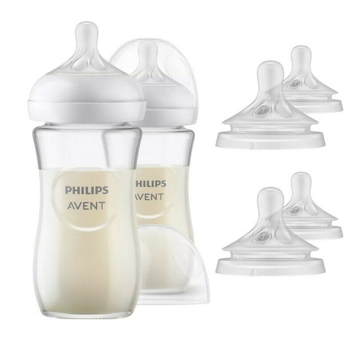 Комплект от 2 шишета Philips Avent Natural Response против колики 330 ml +3 месеца + 4 x 4 (средни) биберона за поток 3 месеца+