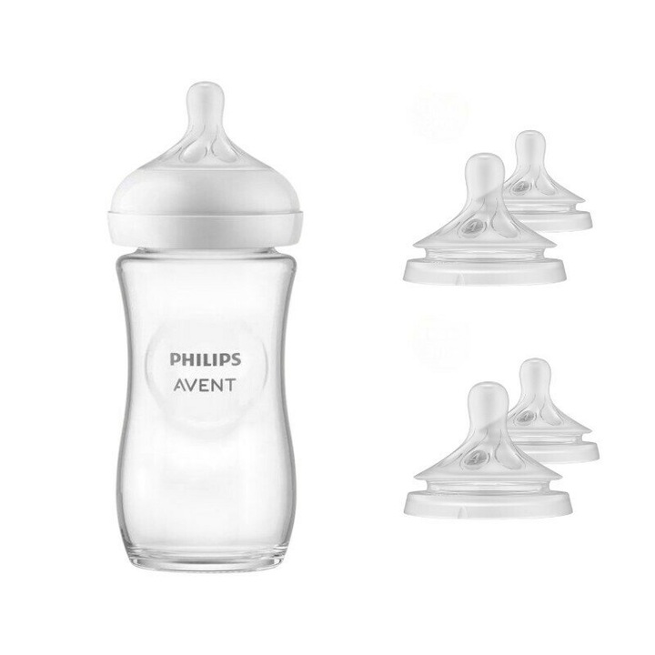 Set 1x biberon anticolici Philips Avent Natural Response Din sticla 240 ml +1 luna+ 4 x tetine cu debit 4 (mediu) 3 luni+