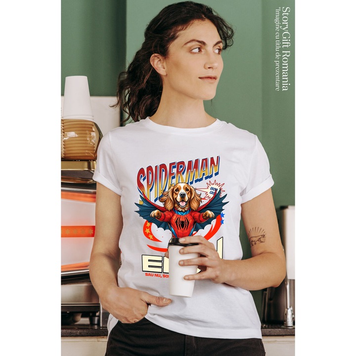 Tricou Femei cu Cocker Spaniel / Cocker Spaniel Caine In Costum de SpiderMan cu Pelerina, Erou Nocturn, Desene animate, Copii, Iubitorii de Animale cu imprimeu pe Fata, 100% Bumbac, Alb, XS