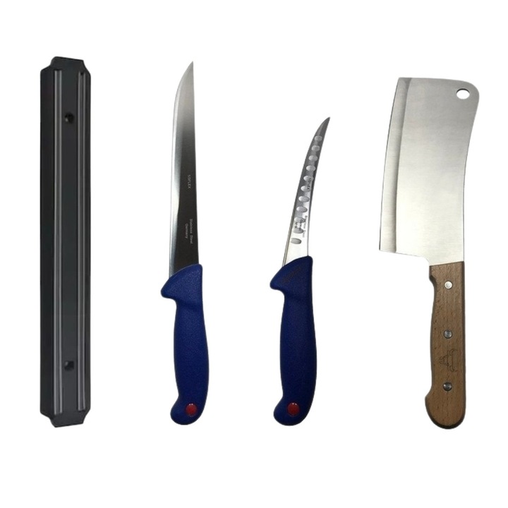 Set profesional de macelarie, dezosat, transat, filetat, 2 cutite, otel carbon, suport magnetic, satar, Dactylion®