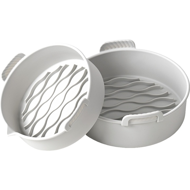 Комплект от 2 екологични силиконови тави за фритюрник с горещ въздух, максимална температура 230 градуса, за многократна употреба, рециклируеми, с неплъзгащи се дръжки, незалепващо дъно, 18,7 x 19,5 x 7 см, сиви