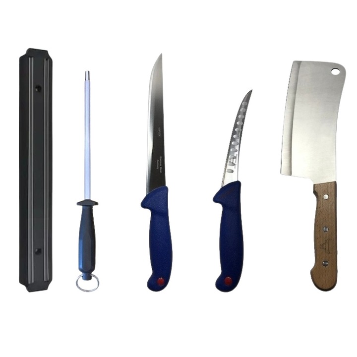 Set profesional de macelarie, dezosat, transat, filetat, 2 cutite, otel carbon, masat pentru ascutit, satar, suport magnetic, Dactylion®
