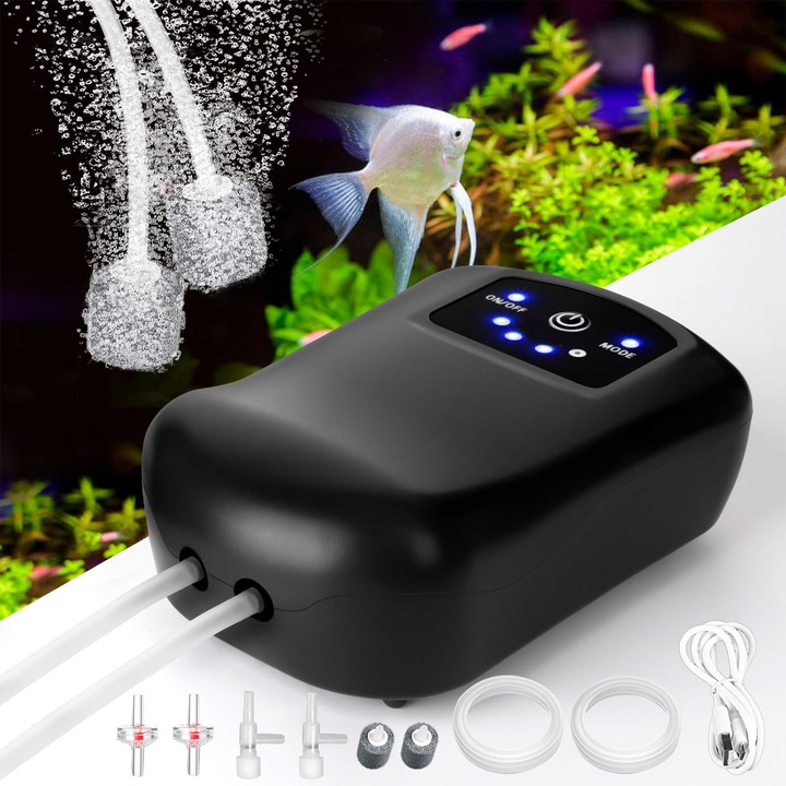 Pompa de oxigen portabila, Puepoul, ultra-silentioasa, 1m reincarcabila USB, 2m furtunuri de aer, set complet cu piatra de aer si tub de oxigen, pescuit in aer liber, intreruperi de current si urgenta, Negru