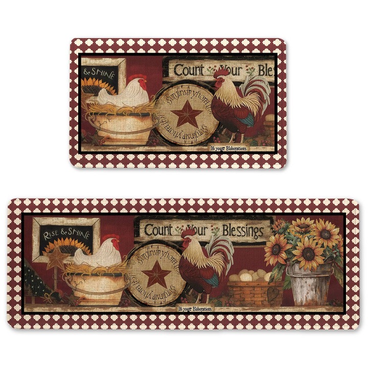 Csirkékkel díszített konyhaszőnyeg-garnitúra, 2 darabos, 120x43cm + 43x76cm, vízálló, csúszásmentes hátoldallal