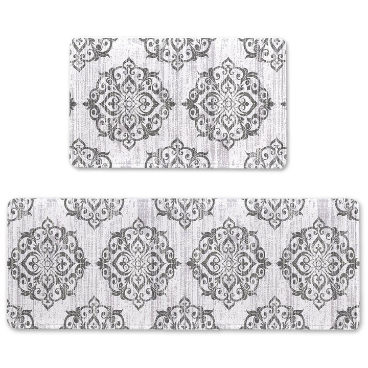 2 darabos bohém konyhai szőnyeg szett, szürke, 120x43 cm és 43x76 cm méretben, vízálló, csúszásgátló hátlappal