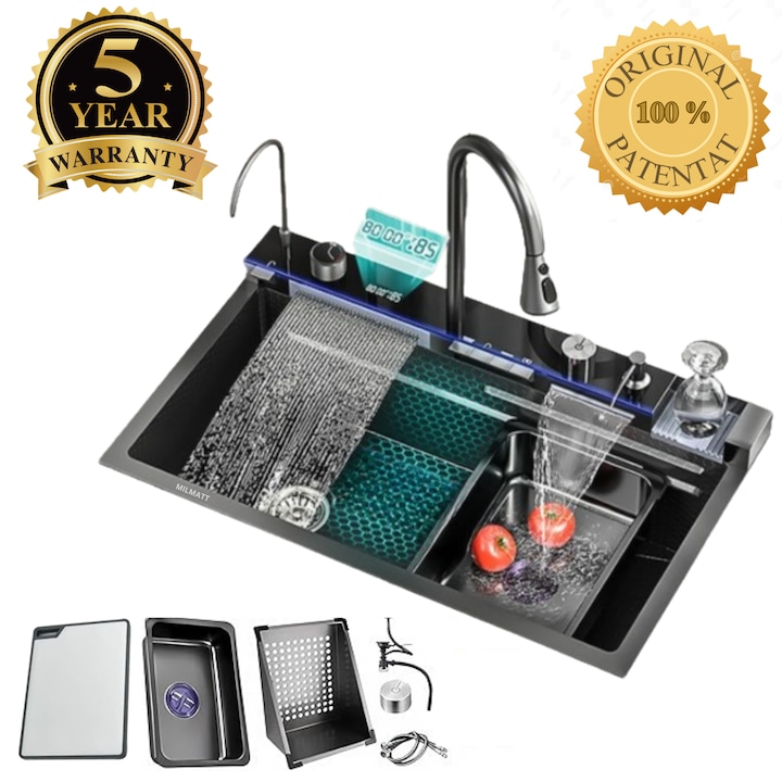 Set chiuveta bucatarie, Milmatt, multifunctionala, cu afisaj led, baterie cu dus extractibil, 2 cascade tip fanta si ploaie, dispozitiv spalare pahare, dozator sapun, robinet apa purificata, otel inoxidabil 3 mm, culoare negru, 750x450 mm