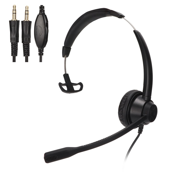 Monaurális PC fejhallgató, állítható hangerő, fekete, 3.5mm, könnyű