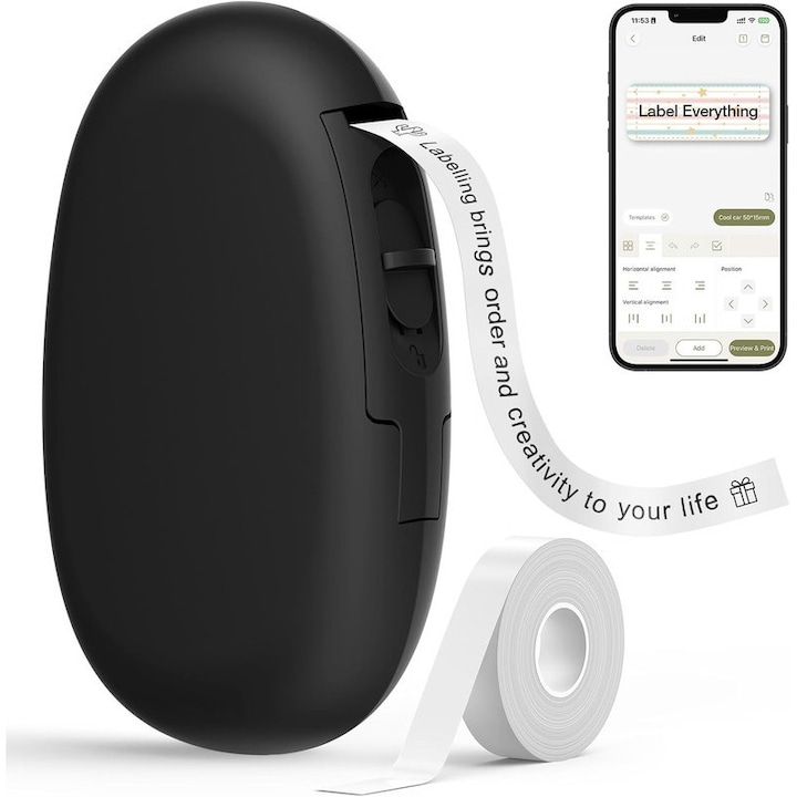 SUPVAN E10 Мини Bluetooth етикетиращ апарат с лепяща лента, водоустойчив непрекъснат етикет, универсално приложение с над 40 шрифта и над 600 икони, етикетиращ апарат без мастило за дома, кухнята, училището, черен