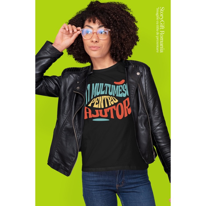 Дамска тениска с цветно послание в стил Многоцветни морски вълни Благодаря ви за помощта с щампа отпред, 100% памук, черно, M