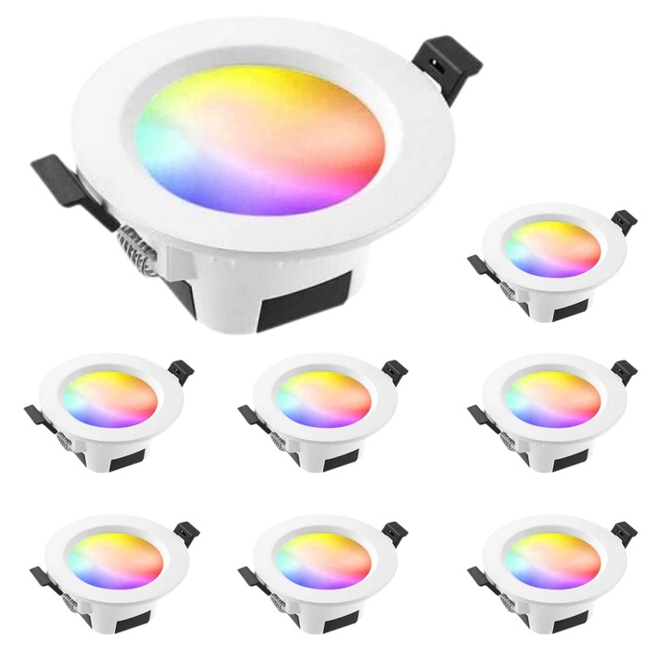 Spot LED RGB inteligent incastrat, GEYUEYA Home, Bluetooth, 9W reglabil, 700 lm, Wifi cu panou inteligent, compatibil cu Alexa/Google Home, Set de 8, Alb