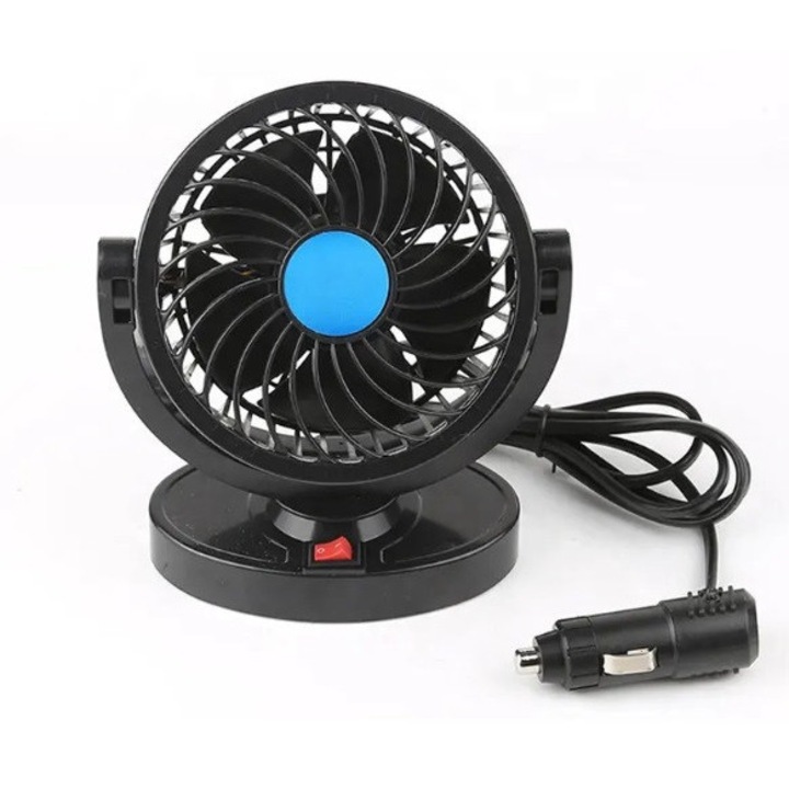 Ventilator auto 12 V, Rovitech, priza de bricheta pentru interiorul masinii, rotire 360° si reglaj, negru