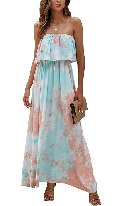 Jormftte maxi ruha, boho, kék és fehér, pánt nélküli, pamut