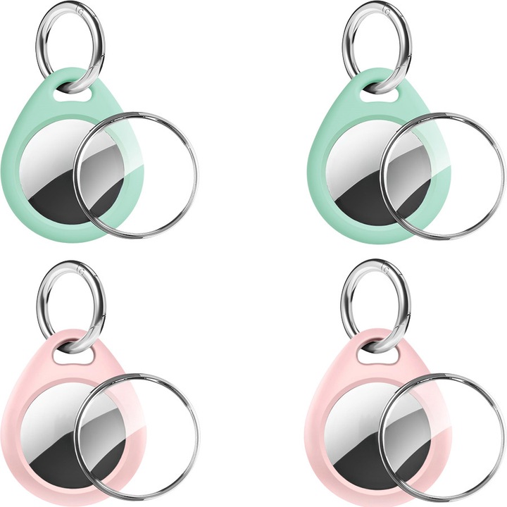 Set 4 huse pentru AirTag, SUNNYYDS, TPU, Rezistente la apa, Roz/Verde